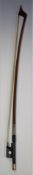 Stephane Muller white metal mounted double bass bow, octagonal stick, the ebony frog inlaid with