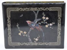 Japanese lacquer photograph album, the cover inlaid and decorated with a bird and flowers, the