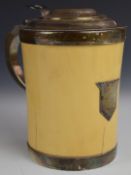 Victorian hallmarked silver mounted ivory lidded tankard, with cut glass bottom, London 1896,