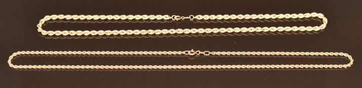 Two 9ct gold rope twist necklaces, 6.2g, 40cm & 44cm long