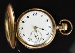 Unnamed gold plated keyless winding full hunter pocket watch with subsidiary seconds dial, blued