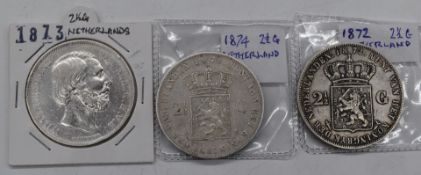 Three Netherlands Willem III 1½ Gilder coins 1872, 1873 and 1874