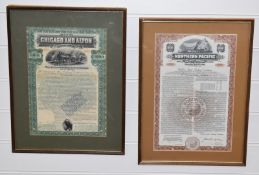 Two American railroad or railway certificates, one a $1000 example for the Chicago and Alton