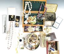 A collection of costume jewellery including rose quartz, amethyst and Art Deco glass necklaces, Rone