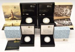Four Royal Mint silver coins including 2014 Outbreak silver proof £2 piedfort, 2014 500th