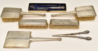 Art Deco hallmarked silver five piece dressing table set, Birmingham 1937, maker W I Broadway &
