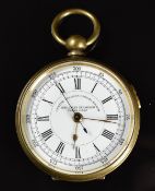 Swiss made 'Specially Examined' gold plated open faced centre seconds chronograph pocket watch