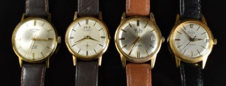 Four gentleman's gold plated wristwatches comprising Oris, Rotary and two MuDu automatic examples,