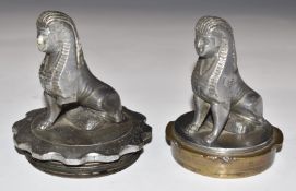 Two Armstrong Siddeley seated sphinx vintage car mascots on radiator caps, height 10cm