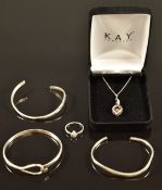 Three silver bangles, silver ring and silver and gold necklace
