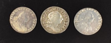 Three silver pennies of George III comprising 1792, Seaby 3760 (NEF), 1770 maundy young bust,