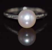 A 9ct white gold ring set with a pearl, 1.8g, size K