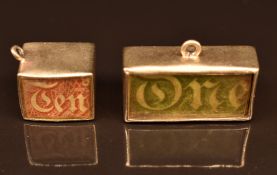 Two 9ct gold charms one containing a one pound note, the other a ten shilling note, 8g