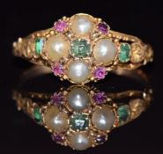Victorian ring set with split pearls, tourmaline and garnet, 1.8g, size O