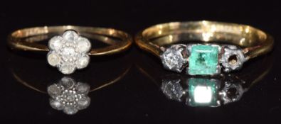 Two 18ct gold rings, one set with diamonds the other an emerald, 3.4g, size M