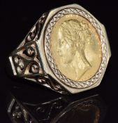 A 9ct gold ring set with a 1852 gold full sovereign, 14.8g, size Z