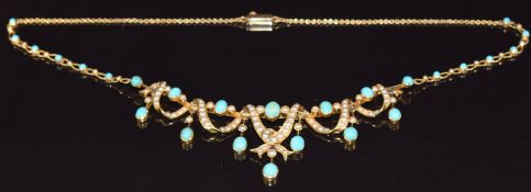 Edwardian gold necklace set with turquoise cabochons and seed pearls, with box clasp, 21.3g, 41.