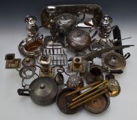 Silver plated and pewter ware including a pair of chambersticks, candelabra, teaware, brass scales