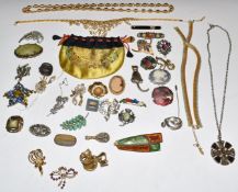 A collection of vintage brooches including Miracle, Czech, silver cat, micro mosaic, etc