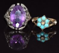 Victorian 9ct gold ring (1g) and a silver ring set with amethyst