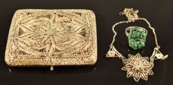 Silver filigree case, filigree pendant and carved jadeite ring