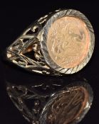 A 9ct gold ring set with a fine gold 1/20 ounce Angel coin, 4.3g, size O