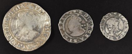 Three Elizabeth I hammered silver coins comprising a penny issue 5; Seaby 2580, half groat, Seaby