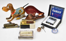 Meerschaum pipe in case, JMCO patent lighter, vesta, Festival of Britain badge, tin plate toy etc