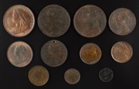 Eleven Victorian copper coins comprising two farthing fractions third and quarter 1853 and 1868,