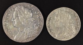 George II shilling 1745 Lima issue, Seaby 3703 (GVF) and a 1746 Lima sixpence (NVF)