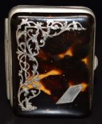 Late 19th/early 20thC French silver inlaid piqué metal bound purse with red silk interior, 5.5 x 6.