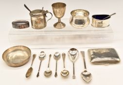 Hallmarked silver items comprising cigarette case, two bowls (one being Asprey), mustard, salt,
