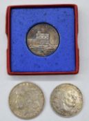 1921 Morgan silver Dollar, together with a silver 1966 100 ptas and a cased commemorative George