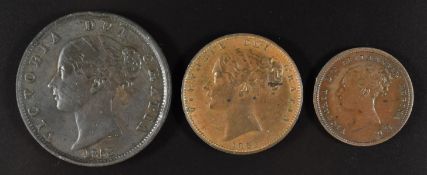 Three copper coins of Queen Victoria comprising an 1883 halfpenny, large flan, Seaby 3949, a