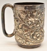 Victorian hallmarked silver christening mug or tankard with embossed foliate decoration, Sheffield