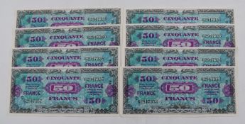 Eight consecutive France 1944 Allied Forces 50 Franc banknotes, 2nd issue Provisional, without 'Emis