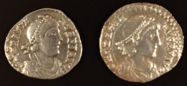 Imperial Roman coinage AD367-383 Gratian two silver Siliqua, one with Roma seated left on throne