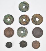 Two bronze Roman coins together with five Chinese coins, William IV farthing, 1852 one cent etc