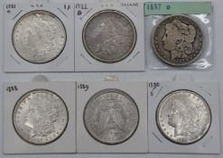 Six USA Morgan silver Dollars, comprising 1881, 1882 and 1887 New Orleans, 1888, 1889 and an 1890
