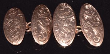 A pair of 9ct gold cufflinks with engraved decoration, Chester 1919, 6.7g