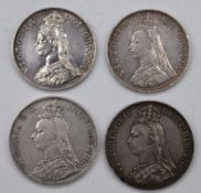 Four Queen Victoria Jubilee head coins comprising an 1887 and 1889 example and two double florins