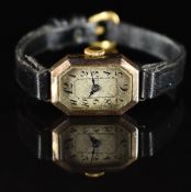 BWC Art Deco 9ct gold ladies wristwatch with blued hands, black Arabic numerals, silver dial and