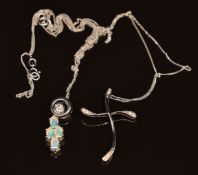 Two 9k white gold pendants, one set with diamonds the other with jelly opal and white topaz, 4.8g