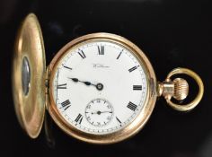 Waltham gold plated keyless winding half hunter pocket watch with inset subsidiary seconds dial,