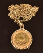 A 1980 1/10 Krugerrand in 9ct gold pendant mount, on 9ct gold chain, 5.5g