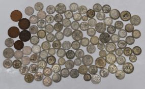 A collection of pre decimal UK coinage, includes approximately 550g of pre 1947 silver coinage