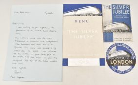 LNER Silver Jubilee menu (believed ex inaugural train), booklet and luggage label