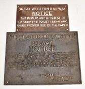 Great Southern & Western Railway Notice vintage style cast iron sign 27 x 38.5cm, together with a