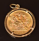 1929 gold full sovereign with South African mint mark in 9ct gold pendant mount, 10.7g