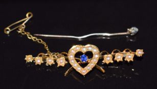 Edwardian brooch in the form of a heart and lilies, set with a sapphire and seed pearls, 4.5g, 4.1g
